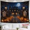 2D Flat, 1pc Horizontal 2D Flat Tapestry Suitable for Halloween Wall Hanging - Glowing Jack-O-Lanterns & Cobblestone Path to Haunted Mansion Under Ful
