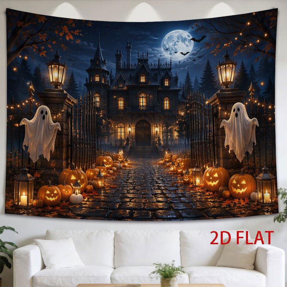 2D Flat, 1pc Horizontal 2D Flat Tapestry Suitable for Halloween Wall Hanging - Glowing Jack-O-Lanterns & Cobblestone Path to Haunted Mansion Under Ful