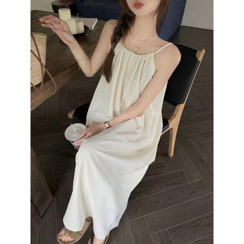 French Gentle Style Halter Suspender Dress, Loose Covering Meat, Thin, Lazy Style Long Skirt for The Masses