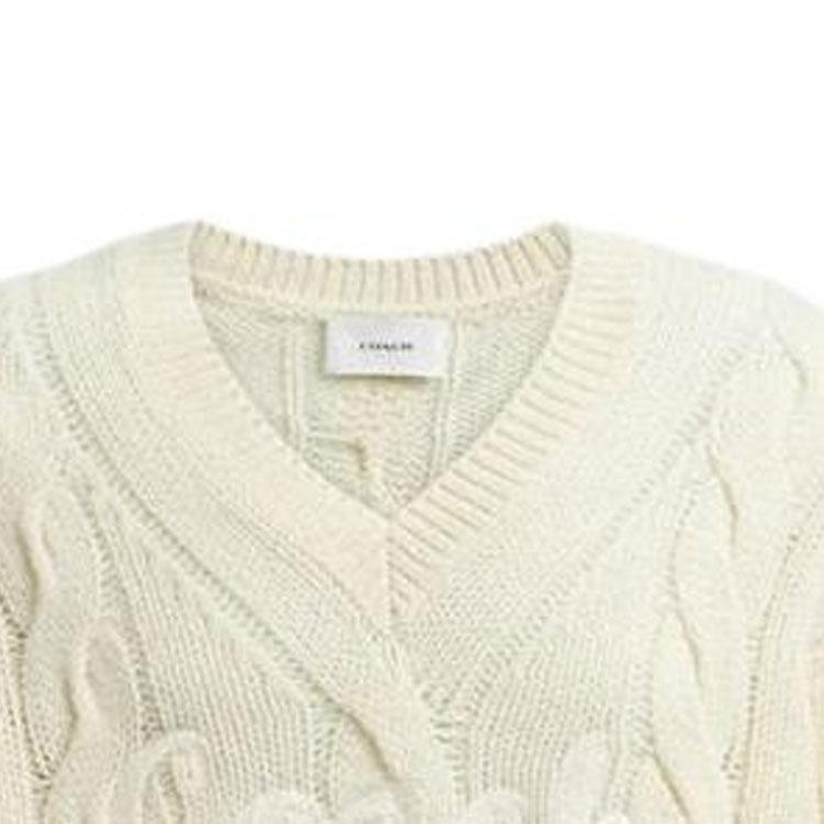 Coach Solid Color Logo Embroidered Cable Knit V-Neck Sweater Unisex Sweater Ivory CP972-VT5