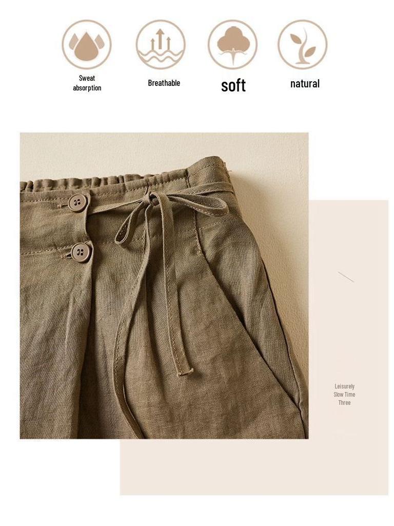 Plus Size Retro Solid Color Cotton Wide Leg Capris - Casual Linen Shorts for Women