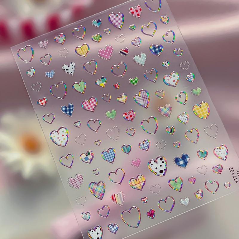 

Y2K Heart Nail Stickers -Colorful Plaid & Checkered Pattern Decals,Trendy Cute Nail Art A3