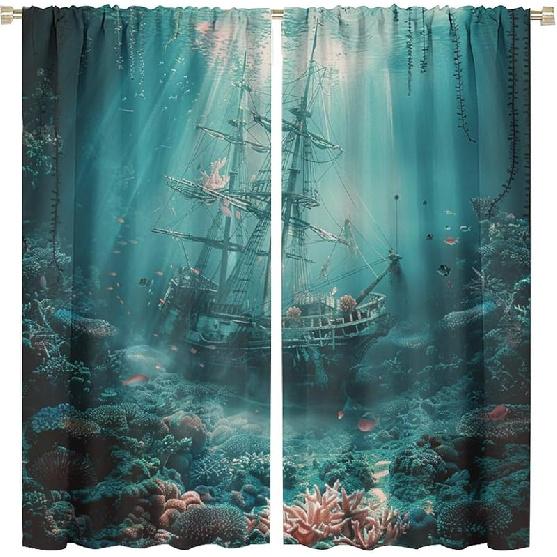 Mystical Ocean Shipwreck Blackout Curtains for Living Room Bedroom, Vintage Horror Pirate Ship Window Curtains Rod Pocket Thermal Insulated Window