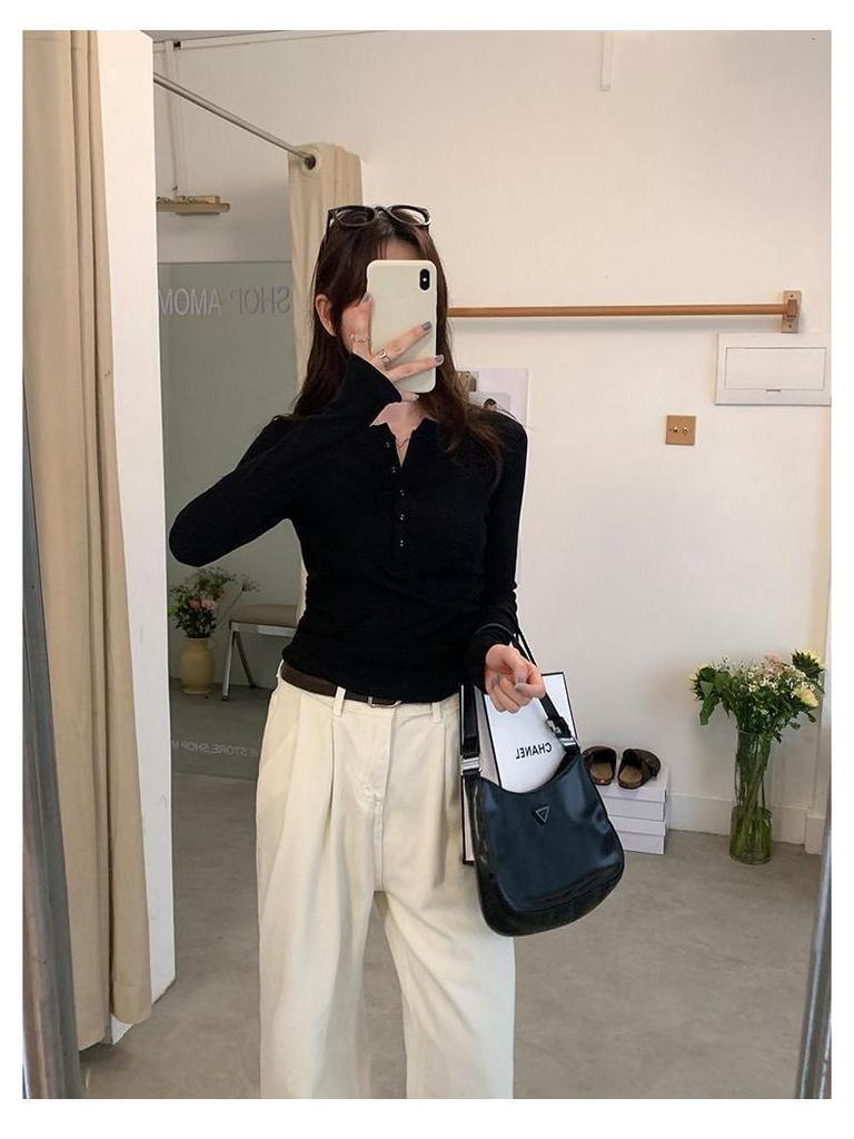 Plus Size Women's Spring/Autumn Long Sleeve Half-Open Neck Slimming Base Layer Top - Korean Style