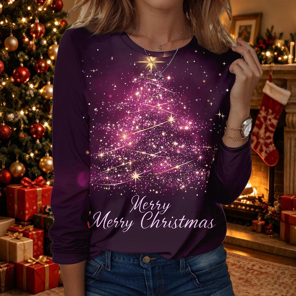 Women's Christmas Print Neck Long Sleeve Pullover Top for Holiday
