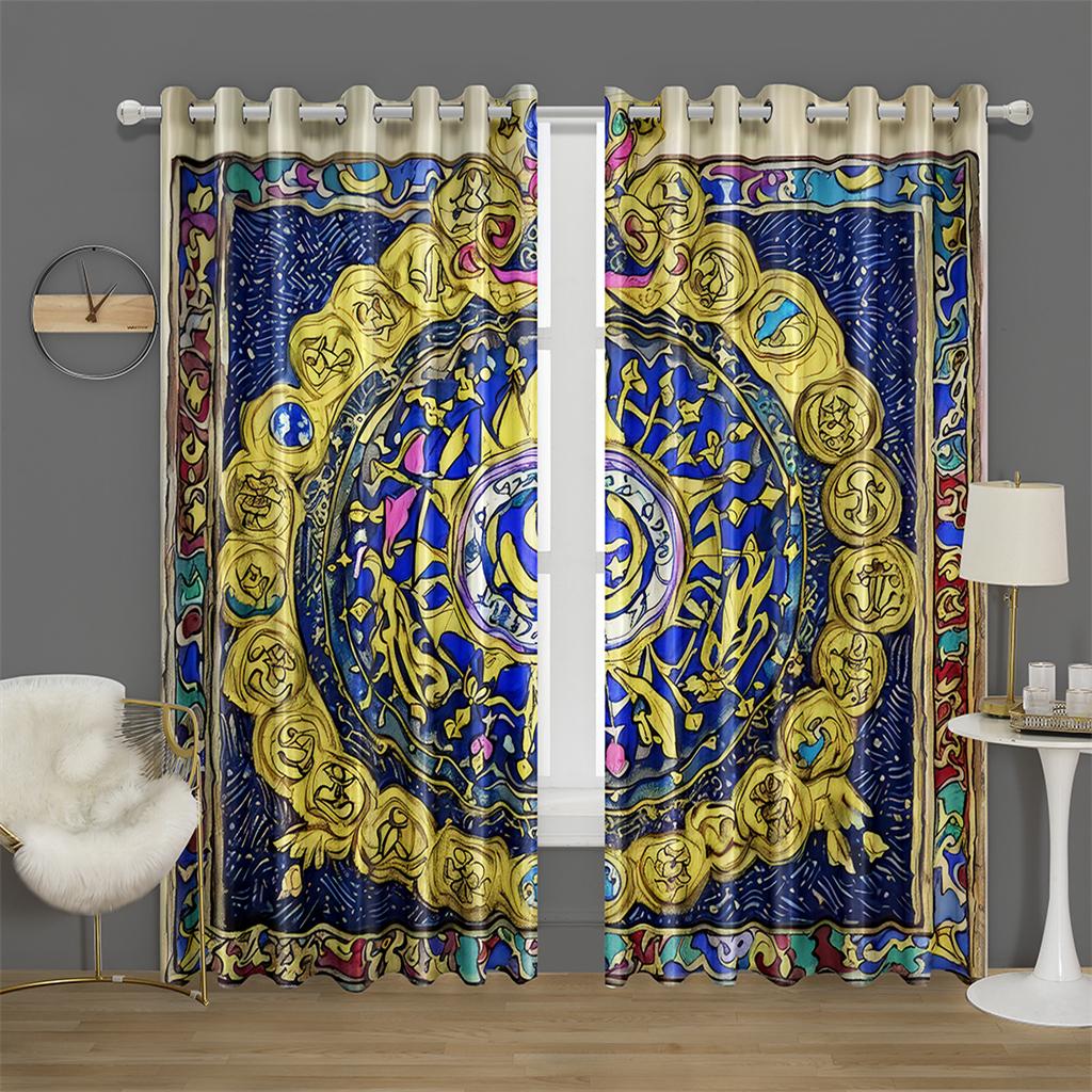 Mystic Zodiac Curtains 2 Panels 3D Print Sun Block Gold Blue Magic Pattern Bedroom Living Room Decor Starry Astrology Art