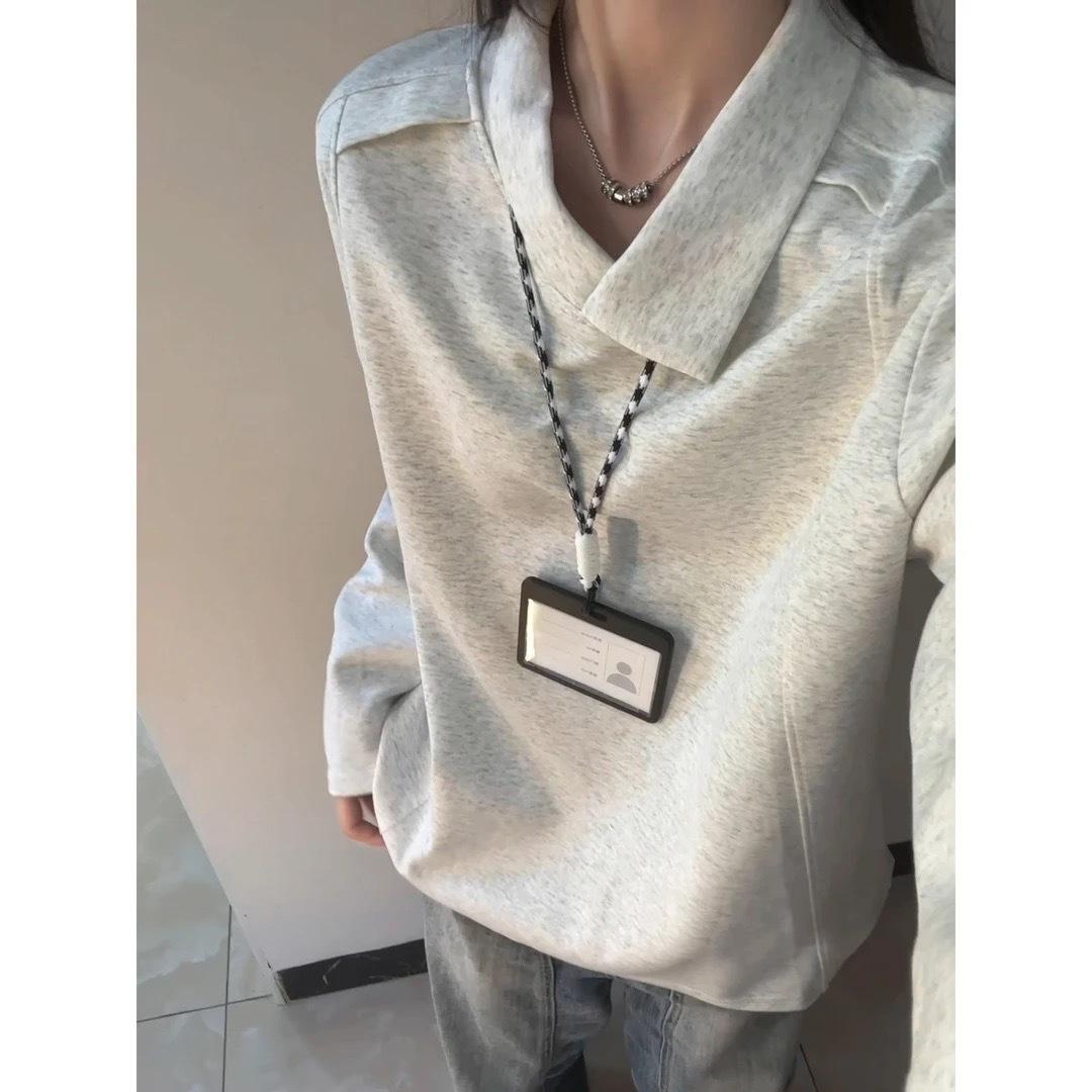 

White and Gray Irregular Lapel Sweatshirt for Men in Autumn High Street Deconstructed Long-sleeved T-shirt with Bottoming Polo Shirt XXXL