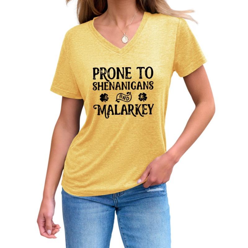 Fashionable and Versatile Prone To Shenanigans Printed Top V-neck Short Sleeved Women's T-shirts