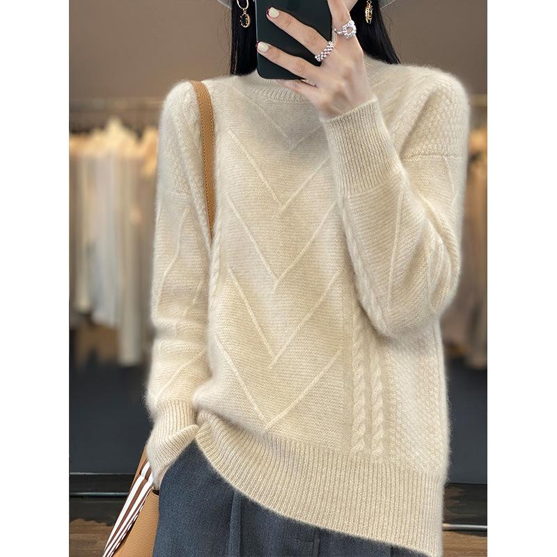 Autumn Winter New Loose Thickened Half High Neck Cable Knit Pullover Women's Sweater Slim Knitted Base Layer Top