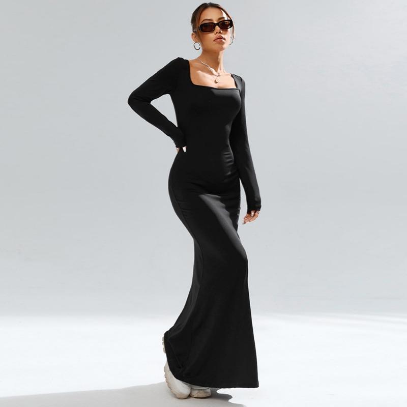 Women Black Square Neck Knit Long Sleeve Bodycon Sexy Party Long Dress