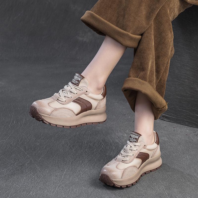 Spring and Autumn Thick-soled Trendy Cool Red Dad Shoes Genuine Leather Retro Sports and Leisure Shoes Cowhide Women's Travel Shoes