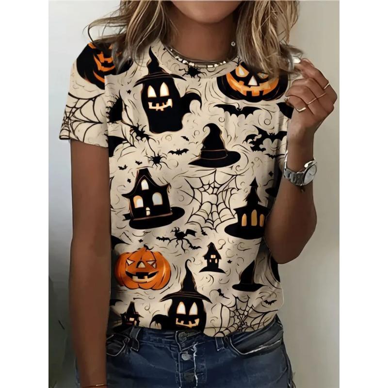 Summer Ladies Halloween 3D Printed Crew Neck T-Shirt Fashion Versatile Breathable Trend Casual