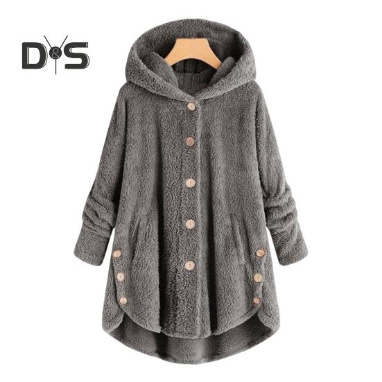 Women Plush Coat Hooded Long Sleeve Side Buttons Hem Single Breasted Casual Jacket with Pockets Solid Color Loose Fit Mid-length Coat