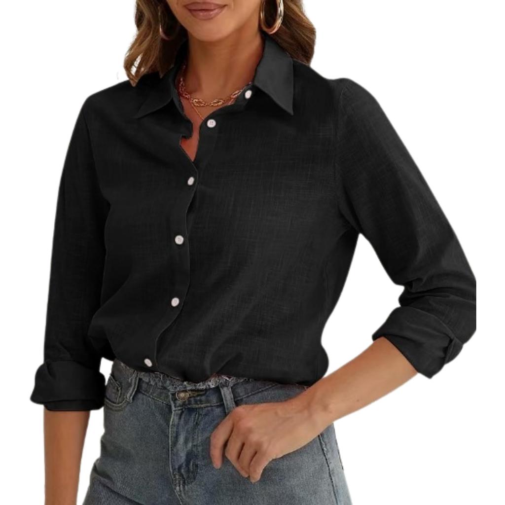 Damenmode Knopfhemdkleid Baumwolle Langarm Faltenfrei Oberteil Arbeit Business Casual Oberteil