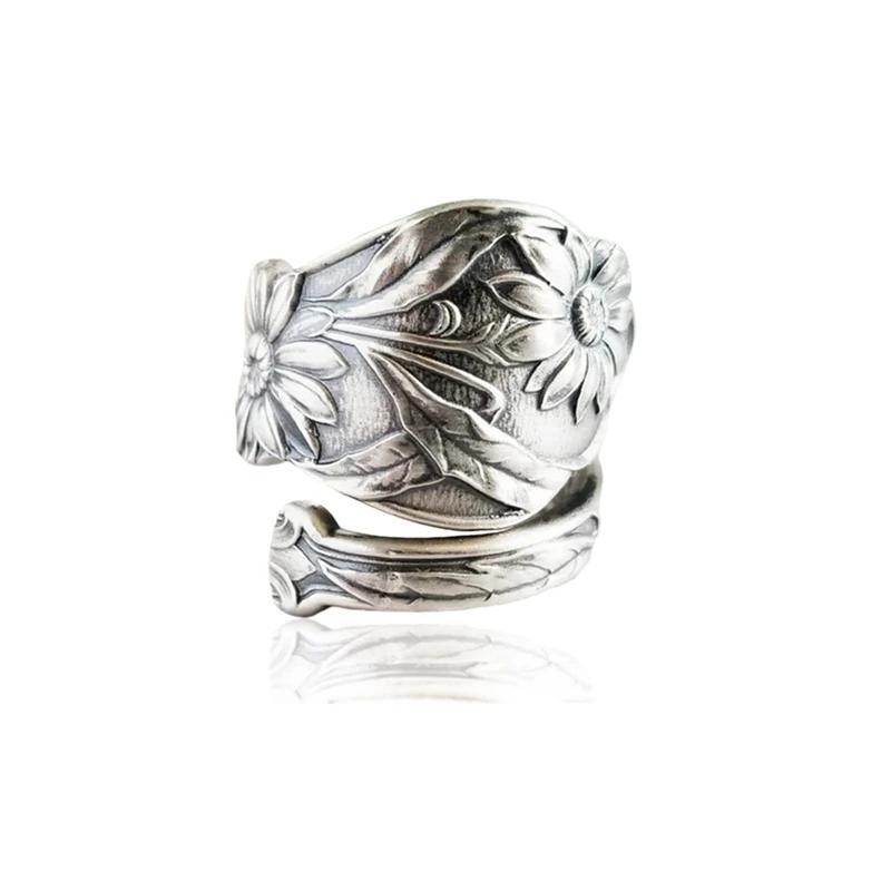 Boho Engraved Flower Flora Women Rings Ancient Vintage Finger Accessory For Party Daily Wear Personality Rings Female Jewelry