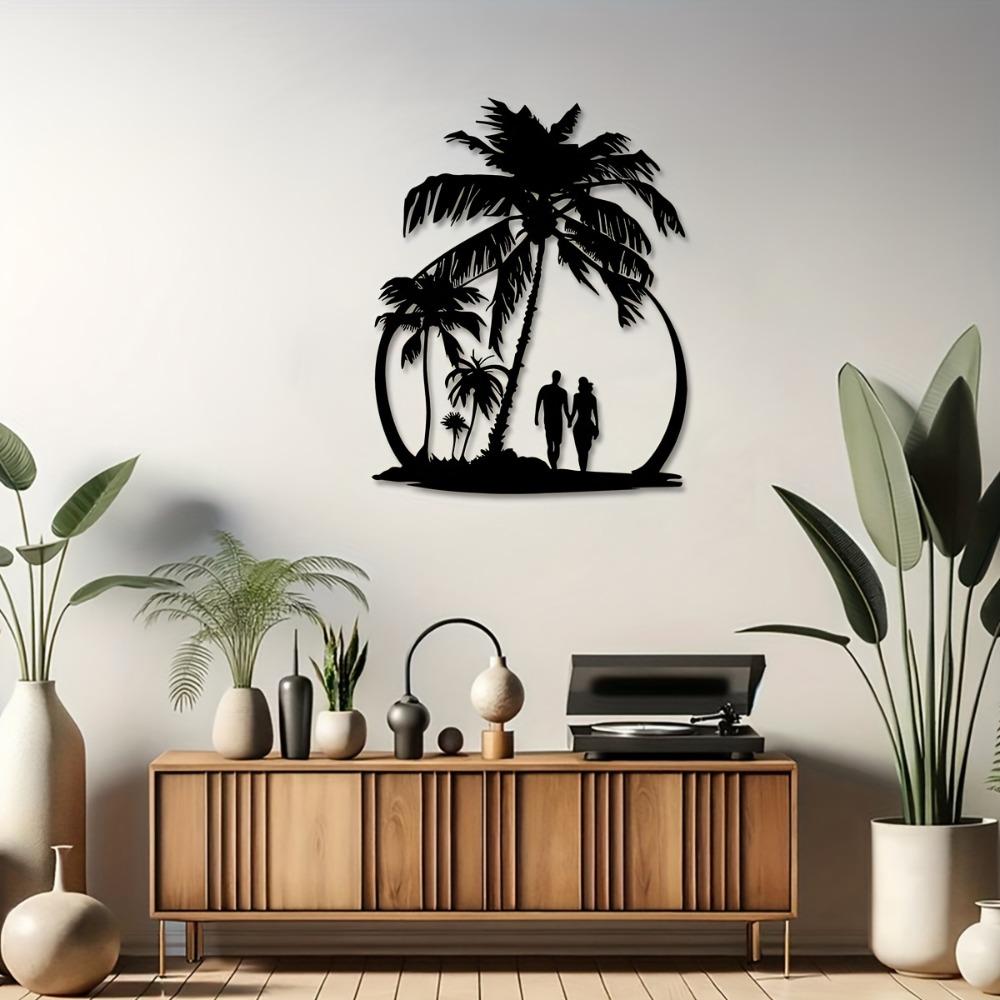 Palm Tree Beach Couple Laser Cut Metal Wall Art, 12.5x15.7 Inch Iron Hanging for Living Room Bedroom Home Decor, Tropical Farmhouse Ornament