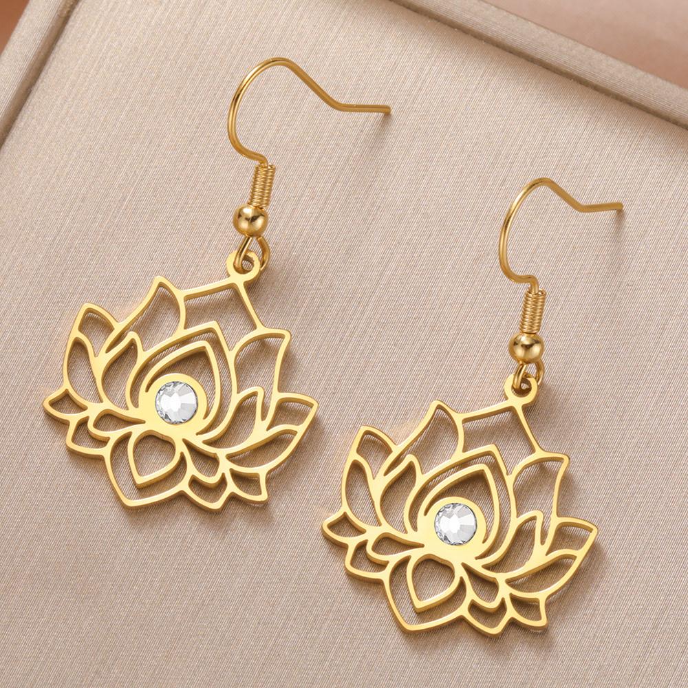 Dawapara Lotus Flower Earrings Zircon Spiritual Lotus Healing Charms Buddhist Yoga Jewelry Stainless Steel Dangle Earrings