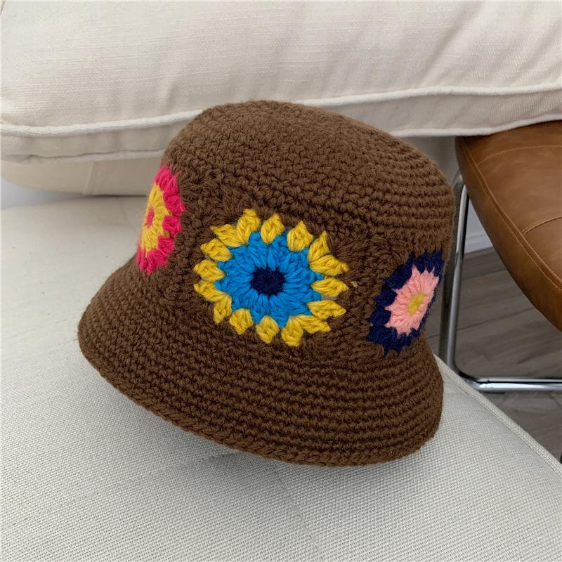 

Handmade Knitted Flower Wool Hat for Women In Autumn and Winter Versatile Big Head Fisherman Hat for Winter Warm Face Small Pot Hat One Size