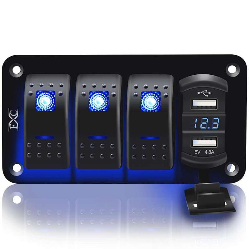 Purishion 4 Gang Rocker Switch Aluminum Panel with Voltmeter & Dual USB(4.8 Amps) Fast Charging, Blue Backlit Led, Pre-Wired IP65 Waterproof for