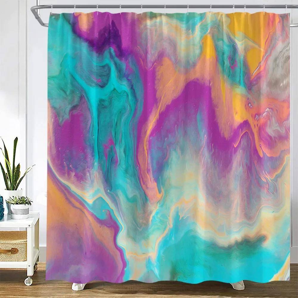Abstract Marble Shower Curtains Creative Geometric Design Blue Purple Watercolor Print Bath Curtain Modern Fabric Bathroom Decor