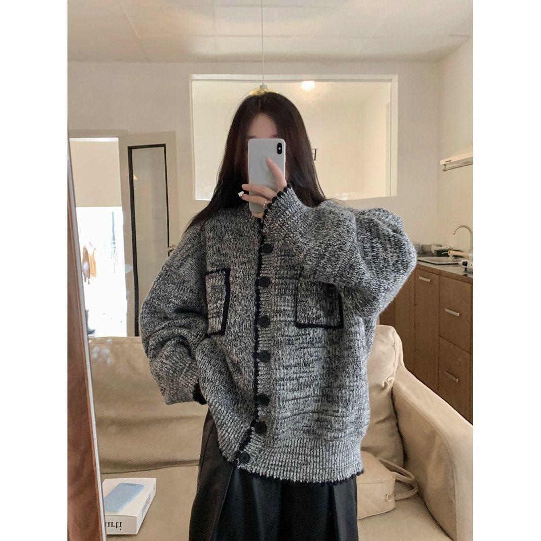 

Кардиган вязаный с длинным рукавом в стиле колор-блок - Женская осенне-зимняя верхняя одежда Large серый