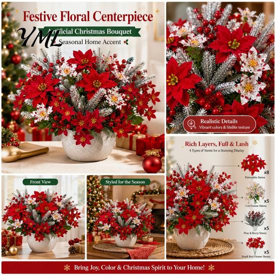 Decorative Plastic Flowers for Table Centerpieces 23Pcs Artificial Poinsettia Flowers, Lifelike Flower Arrangement Home Office Wedding Indoor