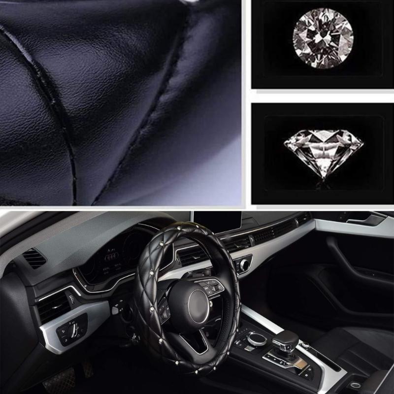 Leather Steering Wheel Cover Featurings Sparkling Rhinestones Studs for Enhanced Driving Comfort and Antislip