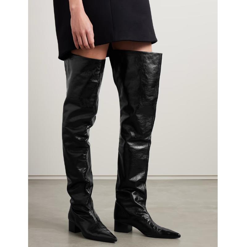 Krazing Pot Mikrovlákno Špičatá špička Střední podpatky Kozačky nad koleno Velikost 46 Velikost 45 Plus Size Plisovaná dekorace Stehenní kozačky