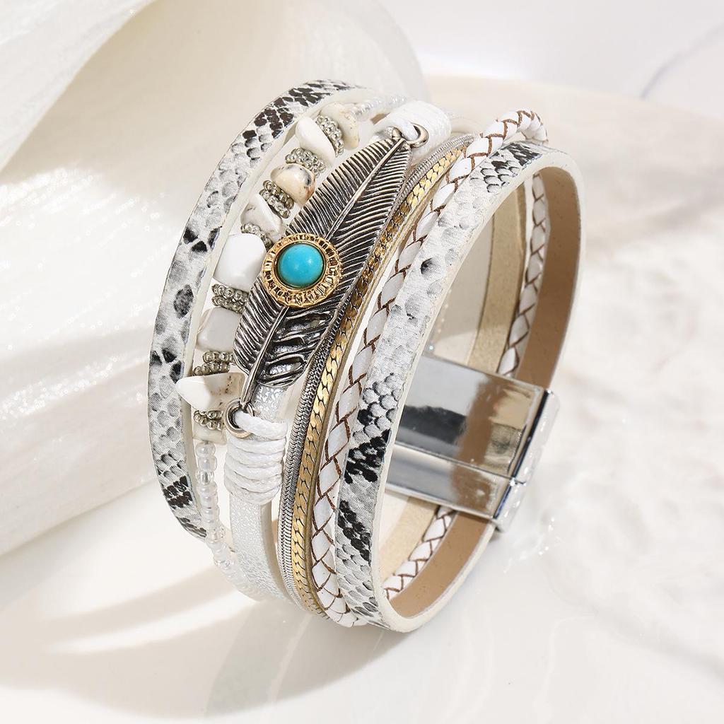 Bohemian Style Crushed Stone Feather Leather Bracelet with Vintage Turquoise and Magnetic Clasp