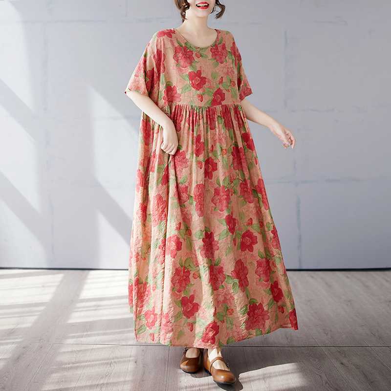 Simple and Fashionable Long Skirt Summer Short Sleeved Round Neck Printed Dress
