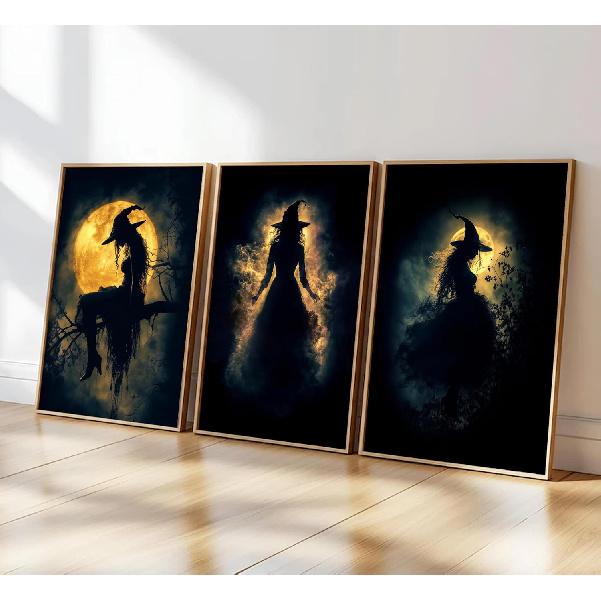 3 Pcs Vintage Witches Wall Art Witch in The Fores Halloween Painting Picture Wall Decor Gothic Dark Academia Poster Print Artwork for Gallery Party