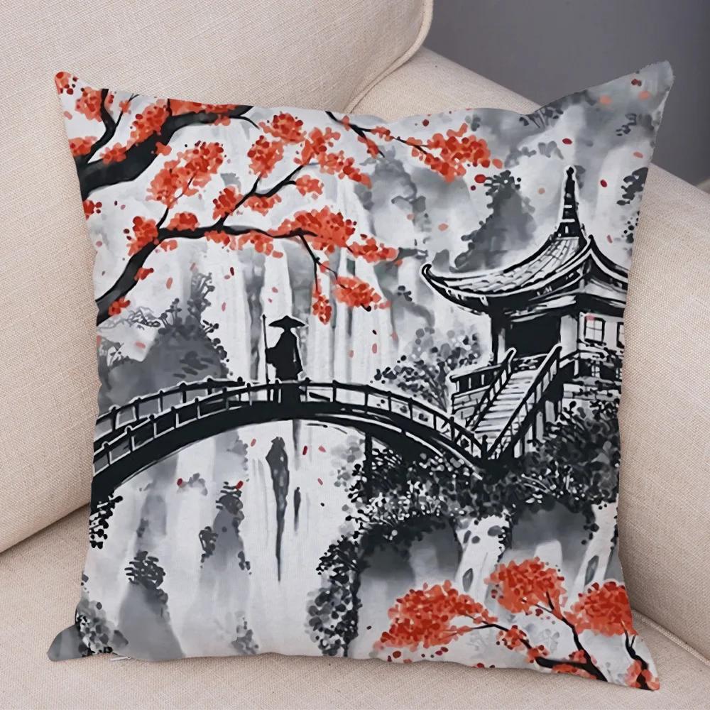 Japan Style Ink Cushion Cover for Sofa Home Double Print Decor Beautiful Scenery Warrior Girl Pillowcase Soft Plush Pillow Case