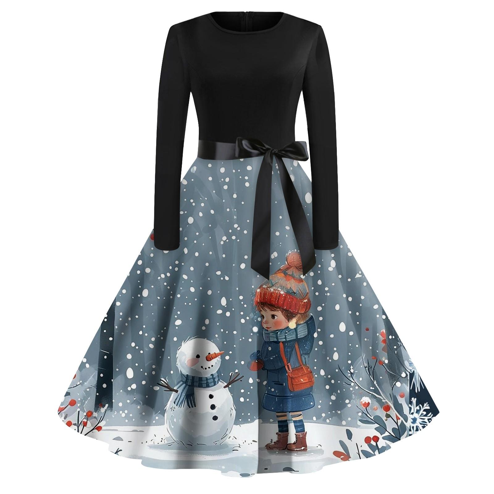 

Женская мода винтаж с длинным рукавом и круглым вырезом с рождественским принтом вечерние платья платья L