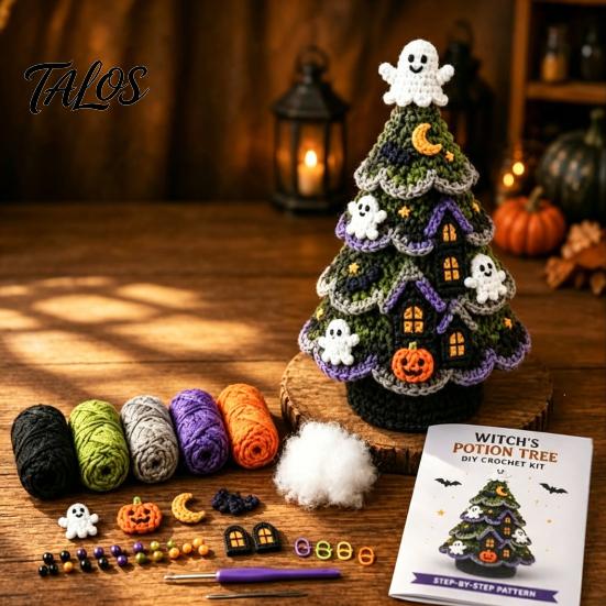 Handmade Yarn Projects Halloween Tree Crochet Kit, DIY Black Cat Pumpkin Witch Supplies with Tools Hat Ghost Crafting Kit for Holiday Home Decor, Gift