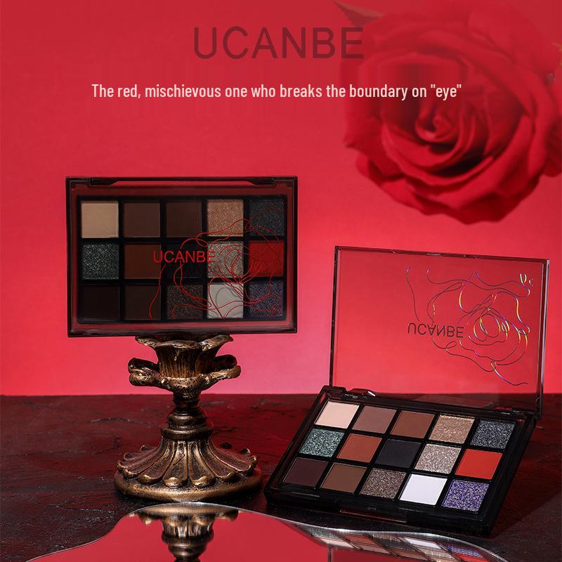 UCANBE Red Robe 15-Color Eyeshadow Palette: Shimmer & Matte Shades for Advanced Play, Black & Red Party Makeup.