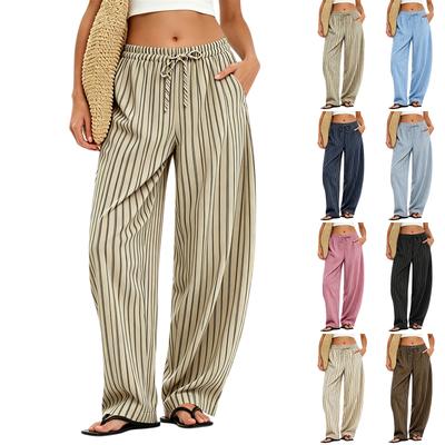 Women's Striped Straight Leg Pants with Side Pockets – Elastic Waistband Loose Fit – Linen Cotton Casual Everyday Pants