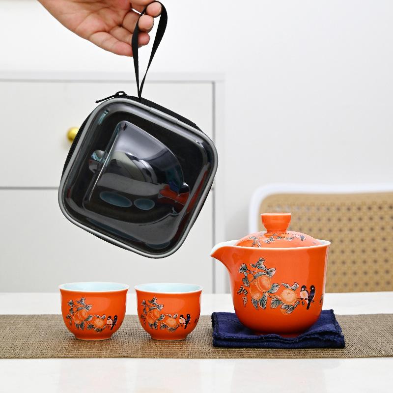 Creative Persimmon Ruyi Ceramic Travel Bag Tea Set Kuaike Set Company Opening Business Casual Gift