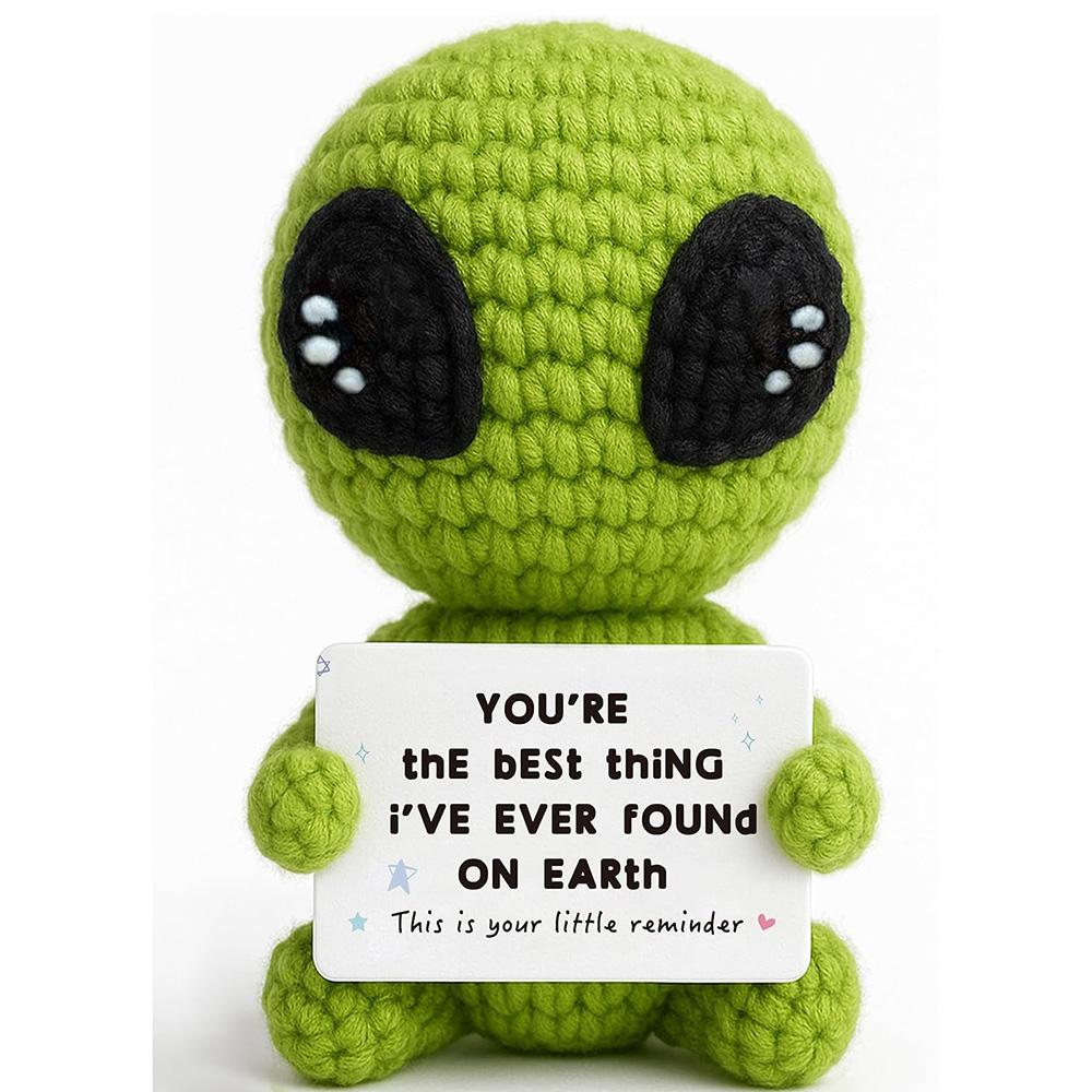 Lustige Häkel-Positive-Alien-Puppen Handgestricktes Alien mit Aufmunternder Botschaftskarte Sci-Fi-Liebhaber Halloween Heimdekoration
