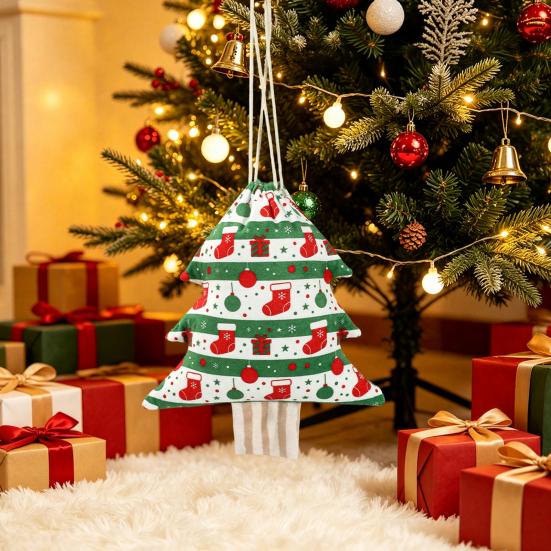 Christmas Tree Hanging Bags Shaped Drawstring Gift Bags, Xmas Treat Sacks, Holiday Pouches Candy Small Storage for Decorations Party Favors