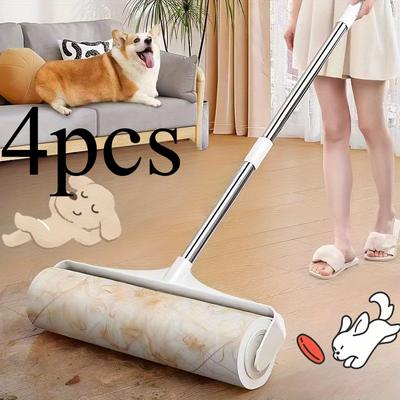4pcs/set (3 Rolls of Paper+1 Mop Long Handled Hair Remover, Retractable Hair Brush for Clothing, Household Floor Cleaning Tool for Cat Hair