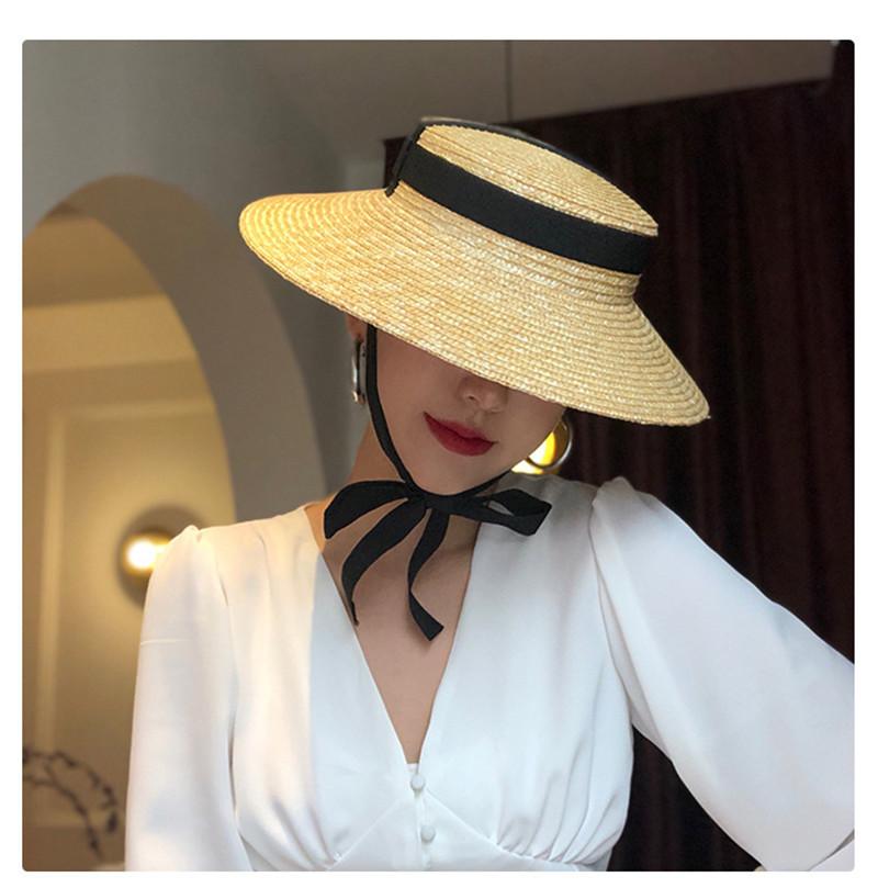 202508-nu Ins Summer Classic Long Black Ribbon Handmade Straw Holiday Lady Sun Cap Women Leisure Beach Sun Hat