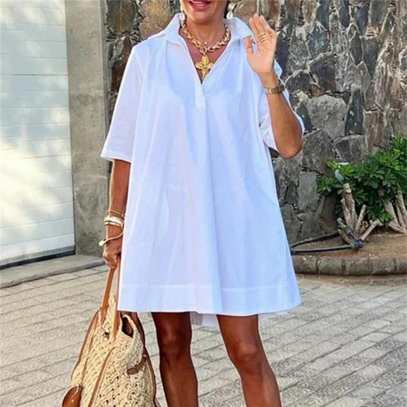 Moda Europea e Americana Amazon Quotidiano Urbano Ampio Bianco Mezza Manica A-line Vestito Camicia