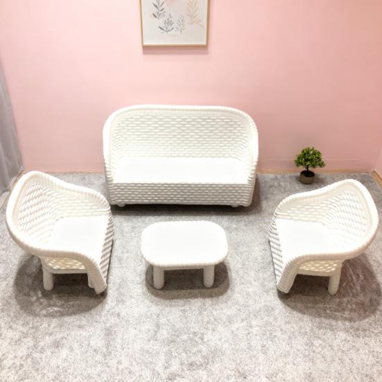 4Pcs Miniature White Wicker Tea Table And Chair Set Doll House Furniture Decor