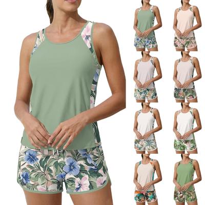 Womens Two Piece Tankini Swimsuit Set Racerback Tank Top with High Waisted Board Shorts Modest Bathing Suit