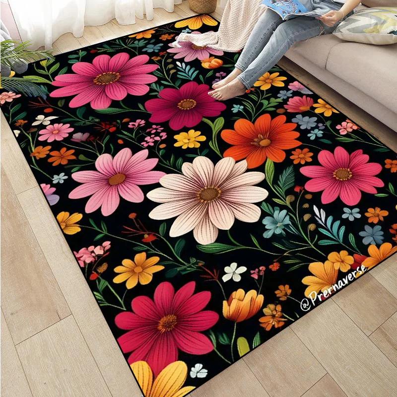 Rose Sunflower Daisy Peach Blossom Carpet Mat Colorful Flower Area Decorative Rugs for Room