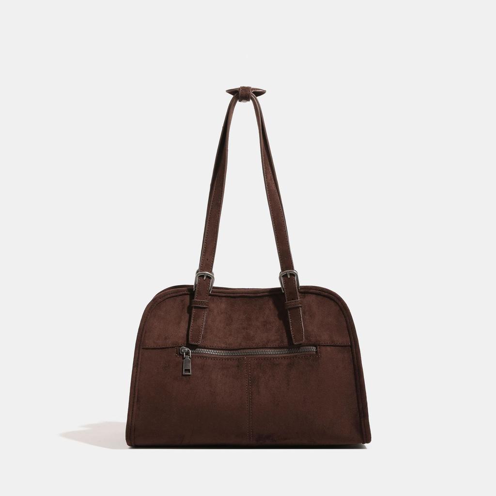 Vegetable-tanned suede bowling bag, vintage suede shoulder tote bag, large-capacity commuter handbag, crossbody bag for women