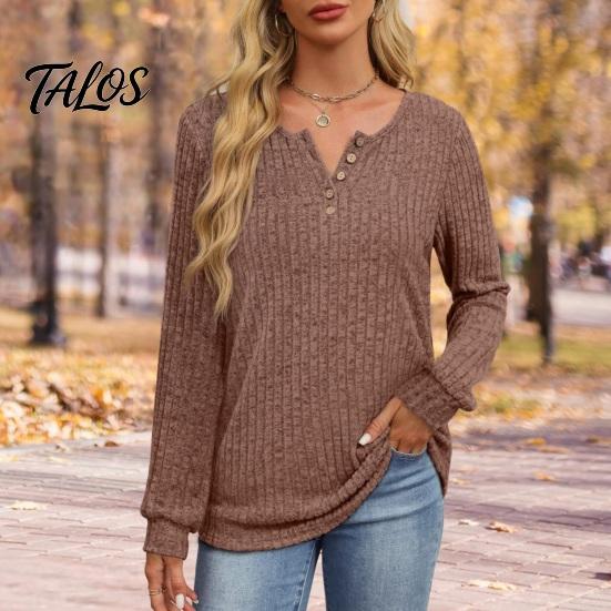 Damen Langarm Tops Geripptes Top, Lockere Freizeitbluse mit Knopf, Einfarbiger Pullover Rundhals-T-Shirt für Frühling Herbst Knopf