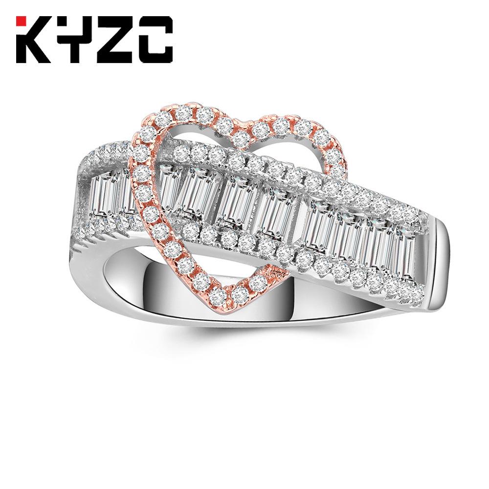 Trendiger Zweifarbiger Ring, Exquisiter Liebes-Simulations-Diamant Herzförmiger Damenring, Leicht Besetzt Mit Quadratischem Zirkonia.
