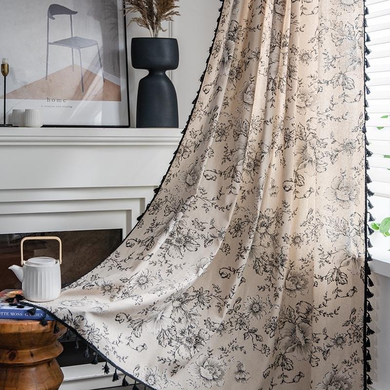 

Cotton Linen American Floral Blackout Window Curtains with Tassel for Bedroom Kitchen Curtains Country Style Living Room Curtain W150 x H160cm&Threading Rod