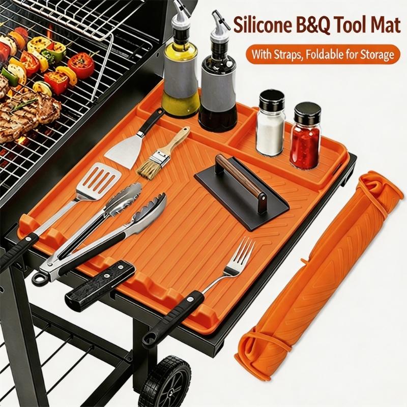 Outdoor Barbecue Shelf Pad for Serving Changes, Flexible BBQ Side Pad with Split Bays, Spill Lip and Rest Cuts